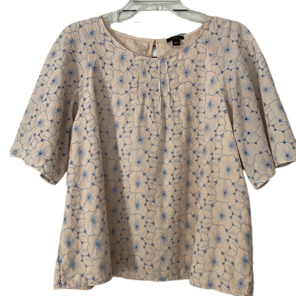 Ann Taylor Factory Wide Elbow Sleeve Yellow Beige Hue Blue Embroidery Size L - Picture 1 of 12